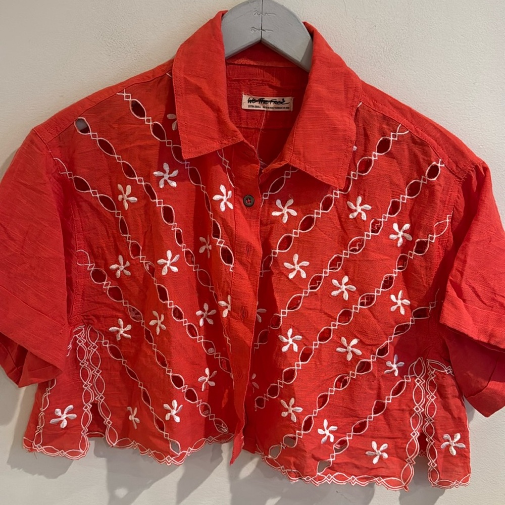 Free People Red Embroidered Short Sleeve Top
